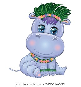 Hippopotamus cartoon character, wild animal in swimming ring, hat, summer is coming, hula dancer. Character with bright eyes