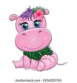 Hippopotamus cartoon character, wild animal in swimming ring, hat, summer is coming, hula dancer. Character with bright eyes