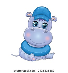 Hippopotamus cartoon character, wild animal in swimming ring, hat, summer is coming, hula dancer. Character with bright eyes
