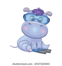 Hippopotamus cartoon character, wild animal in swimming ring, hat, summer is coming, hula dancer. Character with bright eyes