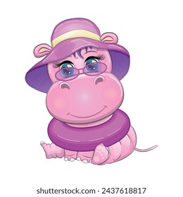 Hippopotamus cartoon character, wild animal in swimming ring, hat, summer is coming, hula dancer. Character with bright eyes