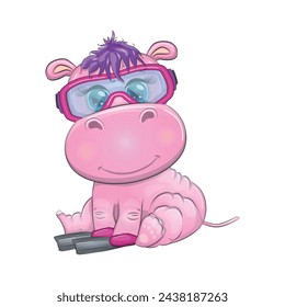 Hippopotamus cartoon character, wild animal in swimming ring, hat, summer is coming, hula dancer. Character with bright eyes