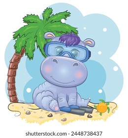 Hippopotamus cartoon character, wild animal in swimming ring, hat, summer is coming, hula dancer. Character with bright eyes