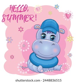 Hippopotamus cartoon character, wild animal in swimming ring, hat, summer is coming, hula dancer. Character with bright eyes