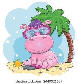 Hippopotamus cartoon character, wild animal in swimming ring, hat, summer is coming, hula dancer. Character with bright eyes