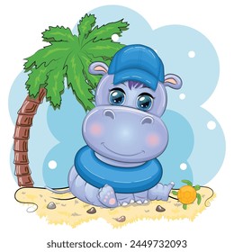 Hippopotamus cartoon character, wild animal in swimming ring, hat, summer is coming, hula dancer. Character with bright eyes