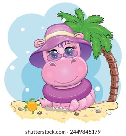 Hippopotamus cartoon character, wild animal in swimming ring, hat, summer is coming, hula dancer. Character with bright eyes