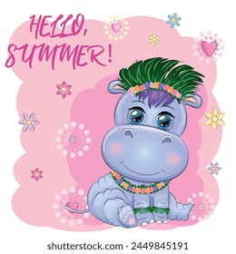 Hippopotamus cartoon character, wild animal in swimming ring, hat, summer is coming, hula dancer. Character with bright eyes