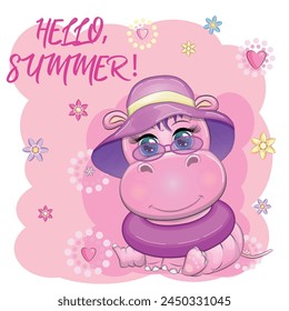 Hippopotamus cartoon character, wild animal in swimming ring, hat, summer is coming, hula dancer. Character with bright eyes