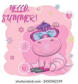 Hippopotamus cartoon character, wild animal in swimming ring, hat, summer is coming, hula dancer. Character with bright eyes