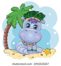 Hippopotamus cartoon character, wild animal in swimming ring, hat, summer is coming, hula dancer. Character with bright eyes