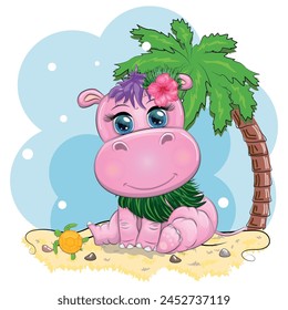 Hippopotamus cartoon character, wild animal in swimming ring, hat, summer is coming, hula dancer. Character with bright eyes