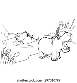 Hippopotamus Cartoon Coloring Pages Vector
