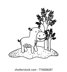 hippopotamus cartoon next to the trees in black sections silhouette
