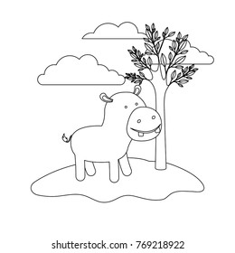 hippopotamus cartoon in outdoor scene with trees and clouds in monochrome silhouette