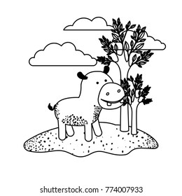 hippopotamus cartoon in outdoor scene with trees and clouds in black sections silhouette