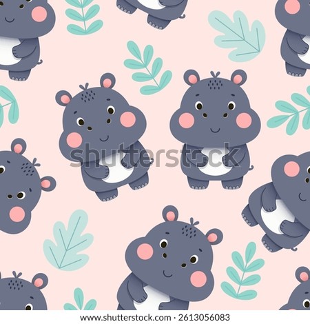 Hippopotamus cartoon pattern seamless background vector illustration.