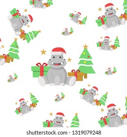 Hippopotamus Christmas Pattern Background