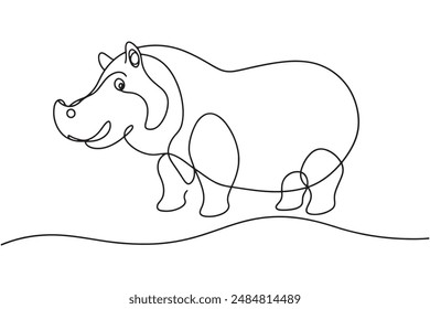 Hippopotamus Continuous line art vector illustration on white background.