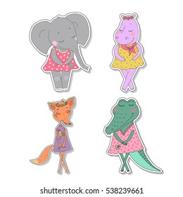 Hippopotamus, crocodile and elephant girls with closed eyes in a dress in peas. Animal sticker in cartoon style on white background