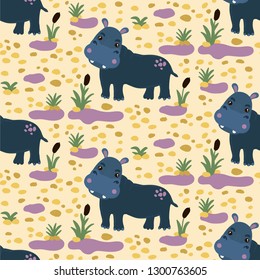 Hippopotamus cute childish wild wnimal seamless vector pattern