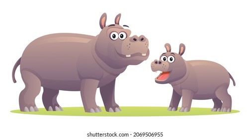 Hippopotamus with cute cub cartoon illustration