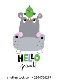 Hippopotamus with cute green bird - cute hippo horse decoration. Little hippo  poster for nursery room, greeting cards, kids and baby clothes. Isolated vector. svg