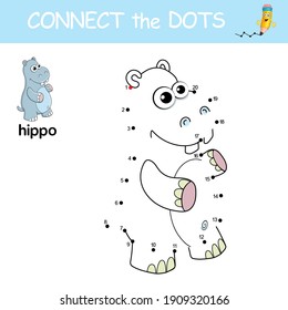 Hippopotamus. Dot to dot Game with answer. Connect the dots by numbers to draw the animal. Logic Game and Coloring Page with cartoon cute Hippo. Education card for kids learning counting numbers 1-20.