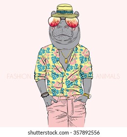  hippopotamus dressed up in aloha shirt, fashion animal illustration, Hawaiian style