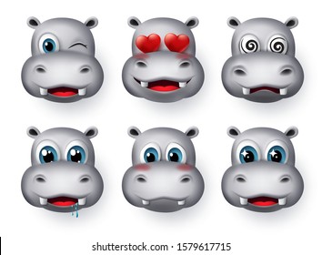 Hippopotamus emojis and emoticon vector set. Hippo emoticons animal avatar face with in love, dizzy, hungry, excited, cute and blushing character emotion isolated in white background. 