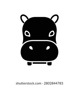 Hippopotamus face icon with rounded ears, wide muzzle and visible nostrils in a bold black and white African animal silhouette