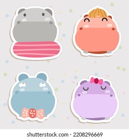 Hippopotamus Face Mood Sticker. Cute Wildlife Cartoon Animal hang on Tag Vector Illustration.
