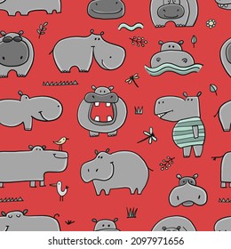 Hippopotamus family, cute hippo characters. Seamless Pattern Background for your design