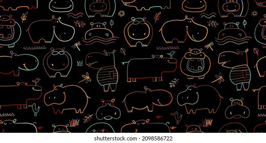 Hippopotamus family, cute hippo characters. Seamless Pattern Background for your design