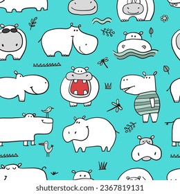 Hippopotamus family, cute hippo characters. Seamless Pattern Background for your design