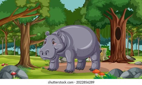 Hippopotamus in forest at daytime scene with many trees illustration