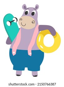 Hippopotamus funny character with smile on face. Isolated rhino personage on summer vacation with skateboard and inflatable lifebuoy ring for swimming in pool or ocean water. Vector in flat style