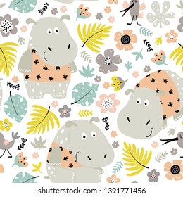  Hippopotamus hand drawn seamless pattern. Cute cartoon character with tropical flowers and leaves. Wildlife wrapping paper, textile, kids background in vector.