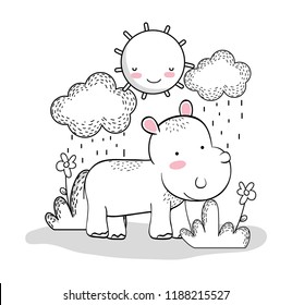 hippopotamus with happy sun and clouds raining