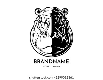 Hippopotamus head face logo vector icon, concept black and white color, animal team emblem, design elements, simple illustration