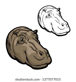 Hippopotamus head, hippo muzzle side, wild African animal head. Vector hippopotamus realistic head, safari zoo or hunting trophy animal and sport club mascot sign