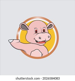 Hippopotamus Head Pink Circle Label With Funny Smile Expression, Yellow Colors Background, Mascot, Icon, Character or Logo, Vector and Illustration.