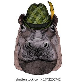Hippopotamus, hippo. Animal portrait. Austrian bavarian tirol hat. Beer festival. Oktoberfest.