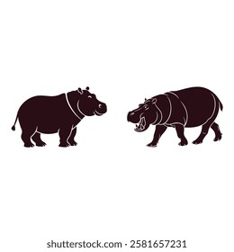 Hippopotamus hippo Side View silhouettes Flat Black Icon Set, African Zoo Animal Vector Clip Art.