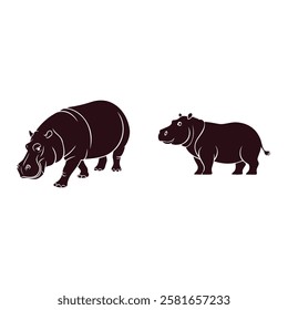 Hippopotamus hippo Side View silhouettes Flat Black Icon Set, African Zoo Animal Vector Clip Art.