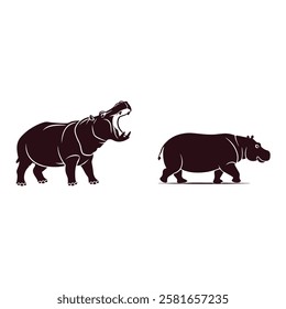 Hippopotamus hippo Side View silhouettes Flat Black Icon Set, African Zoo Animal Vector Clip Art.