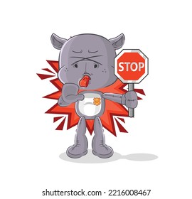 The Hippopotamus Holding Stop Sign. Cartoon Mascot Vector