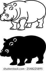 Hippopotamus Icons. Black and White Vector Illustration. Semi-Aquatic Mammal. Large Hippo. For Coloring Book Design. Animal Concept