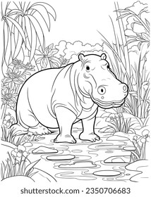 Hippopotamus jungle coloring page line art