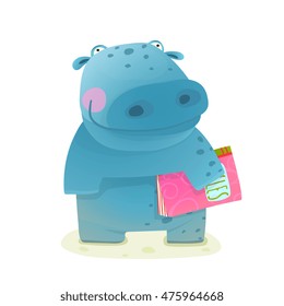 Hippopotamus Kid with Book Study Reading. Happy fun watercolor style animal going to school cartoon illustration. Vector drawing.